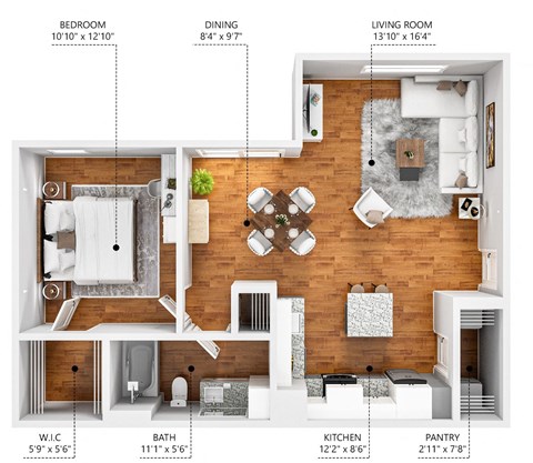Floor plan for 1 bed, 1 bath, 830 sqft
